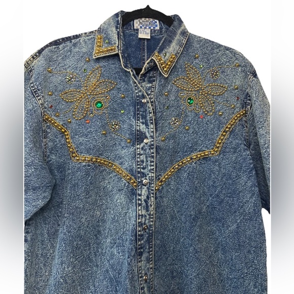 VTG 80’s Short Sleeve Acid Wash Denim Beaded & Embellished Button Up Shirt M - Picture 9 of 11